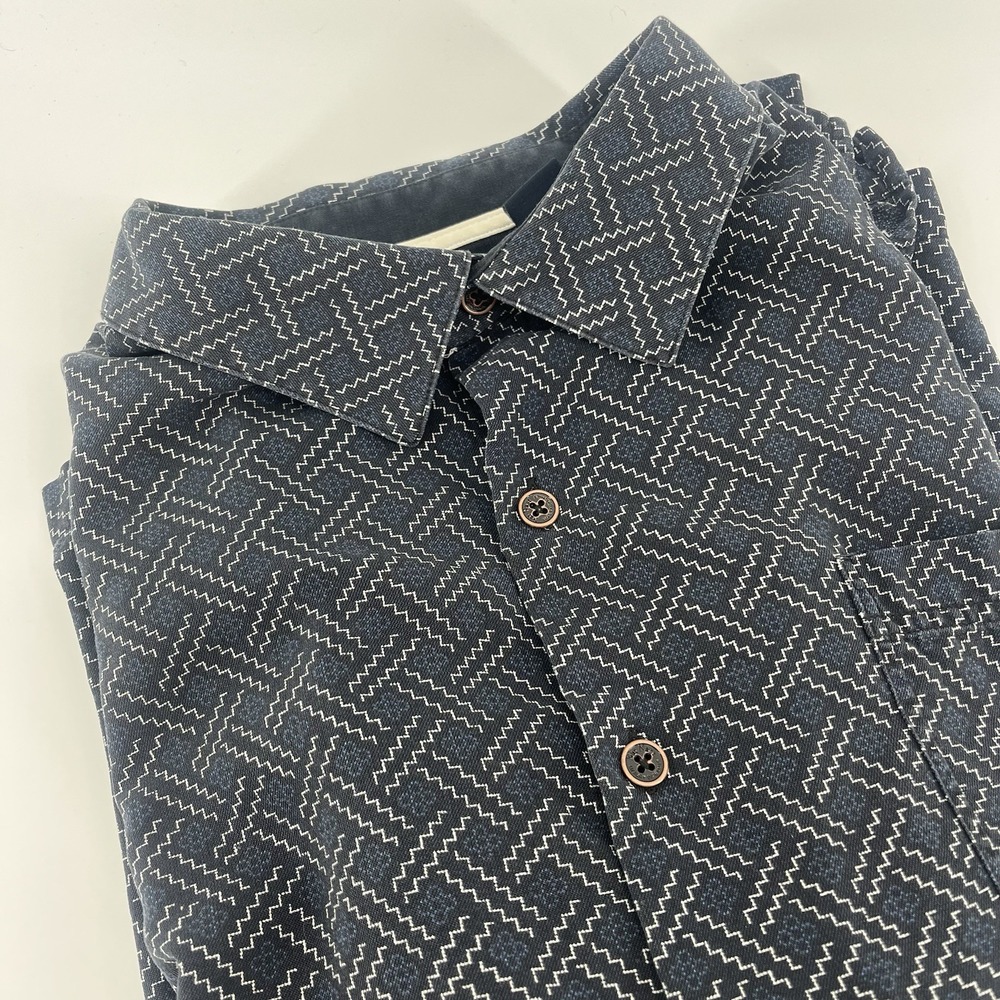 Nat Nast Silk Shirt Mens XL Blue Button Up Bowling Hawaiian Geometric Print Camp